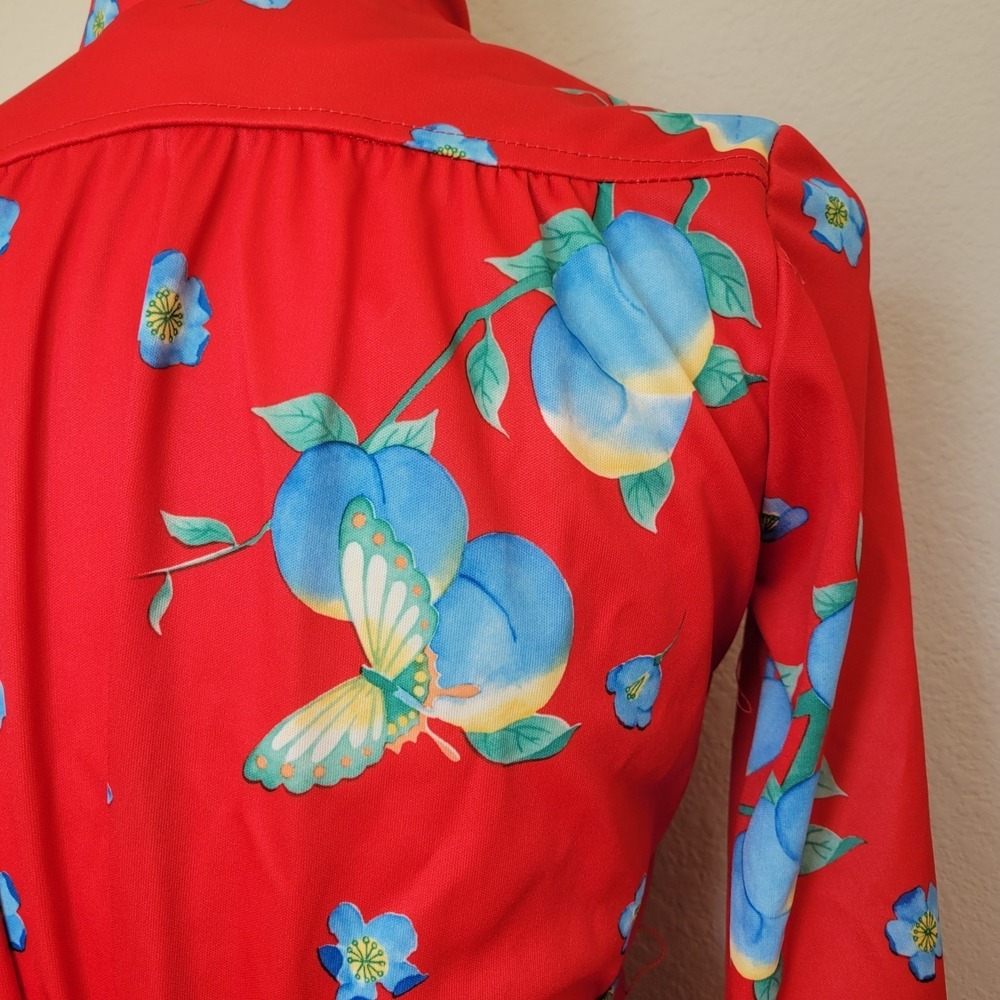 Vintage Red Fit N Flare Dress Size M Prairie Cottagecore Floral 70s Long Sleeve - Picture 5 of 12